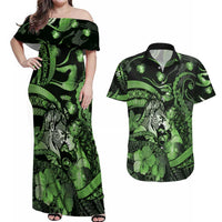 Personalised Maori Romantic Valentine Couples Matching Off Shoulder Maxi Dress and Hawaiian Shirt The Hongi Kiss Green Galaxy DT05 Green - Polynesian Pride