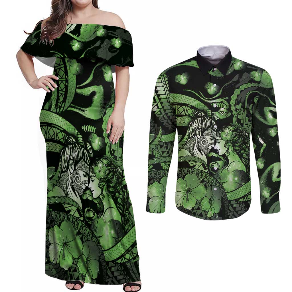 Personalised Maori Romantic Valentine Couples Matching Off Shoulder Maxi Dress and Long Sleeve Button Shirt The Hongi Kiss Green Galaxy DT05 Green - Polynesian Pride