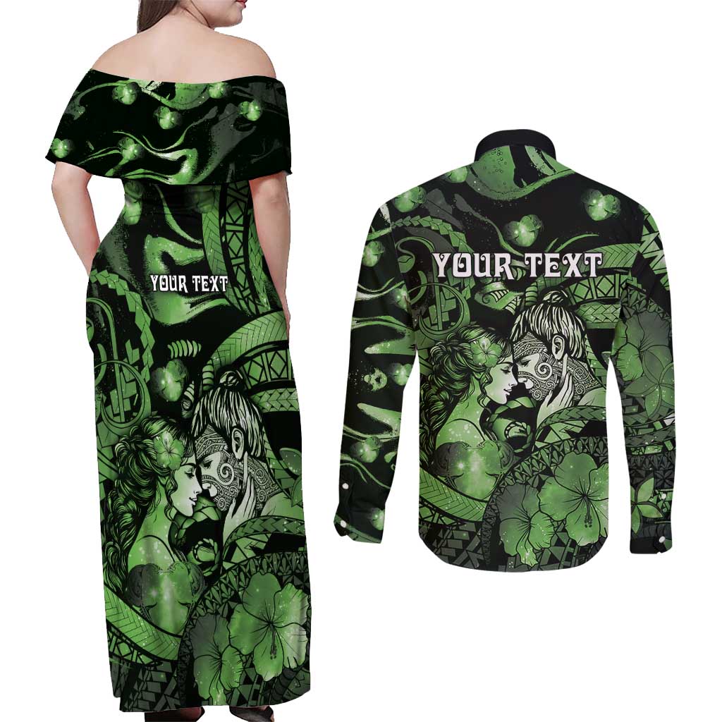Personalised Maori Romantic Valentine Couples Matching Off Shoulder Maxi Dress and Long Sleeve Button Shirt The Hongi Kiss Green Galaxy DT05 - Polynesian Pride