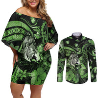 Personalised Maori Romantic Valentine Couples Matching Off Shoulder Short Dress and Long Sleeve Button Shirt The Hongi Kiss Green Galaxy DT05 Green - Polynesian Pride