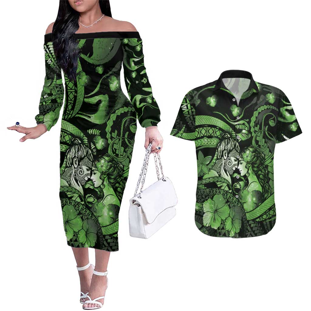 Personalised Maori Romantic Valentine Couples Matching Off The Shoulder Long Sleeve Dress and Hawaiian Shirt The Hongi Kiss Green Galaxy DT05 Green - Polynesian Pride