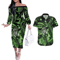 Personalised Maori Romantic Valentine Couples Matching Off The Shoulder Long Sleeve Dress and Hawaiian Shirt The Hongi Kiss Green Galaxy DT05 Green - Polynesian Pride