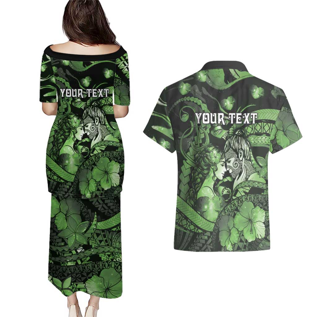 Personalised Maori Romantic Valentine Couples Matching Puletasi and Hawaiian Shirt The Hongi Kiss Green Galaxy DT05 - Polynesian Pride