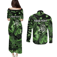 Personalised Maori Romantic Valentine Couples Matching Puletasi and Long Sleeve Button Shirt The Hongi Kiss Green Galaxy