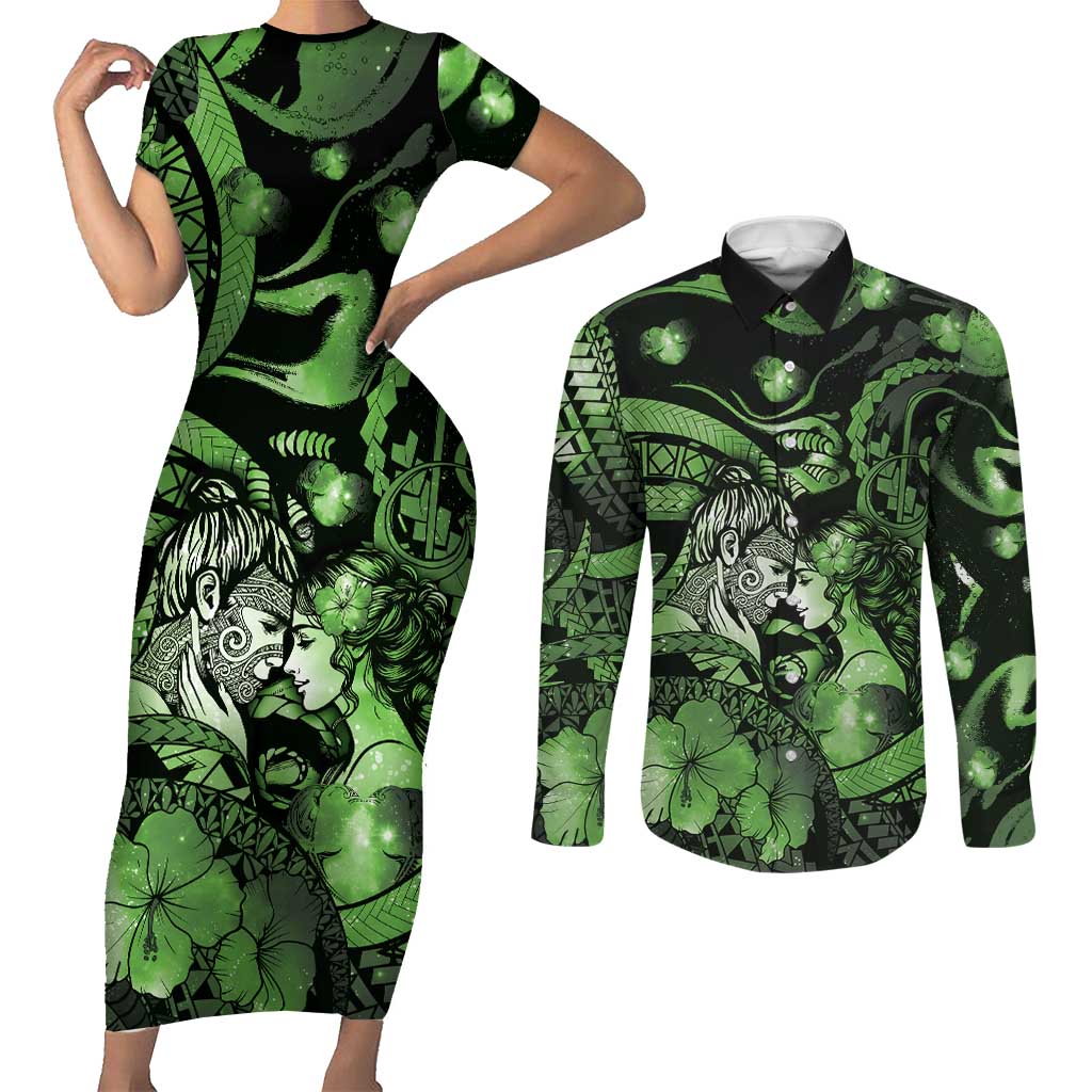 Personalised Maori Romantic Valentine Couples Matching Short Sleeve Bodycon Dress and Long Sleeve Button Shirt The Hongi Kiss Green Galaxy DT05 Green - Polynesian Pride