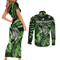 Personalised Maori Romantic Valentine Couples Matching Short Sleeve Bodycon Dress and Long Sleeve Button Shirt The Hongi Kiss Green Galaxy DT05 - Polynesian Pride