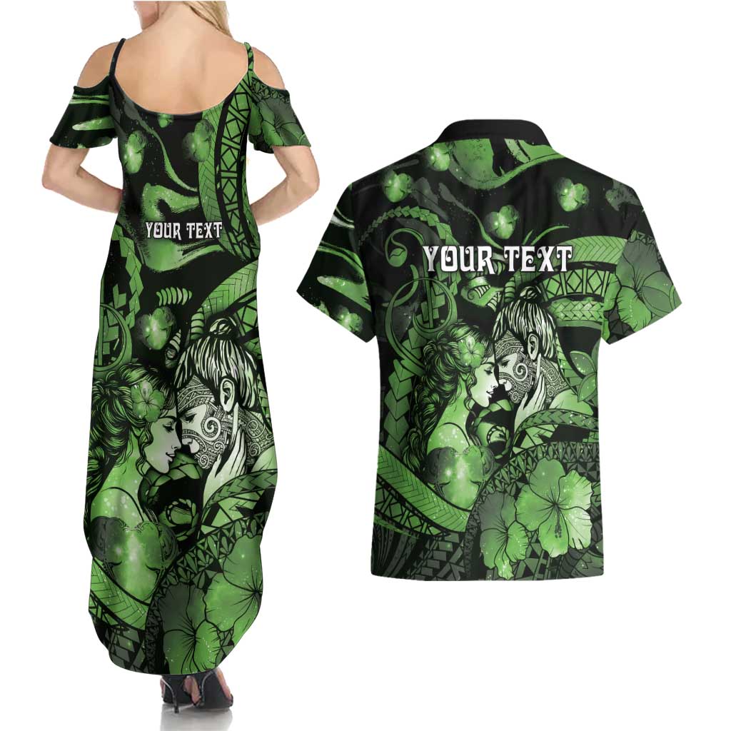 Personalised Maori Romantic Valentine Couples Matching Summer Maxi Dress and Hawaiian Shirt The Hongi Kiss Green Galaxy DT05 - Polynesian Pride