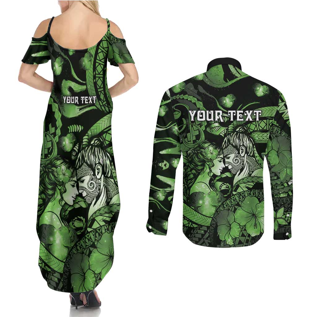 Personalised Maori Romantic Valentine Couples Matching Summer Maxi Dress and Long Sleeve Button Shirt The Hongi Kiss Green Galaxy DT05 - Polynesian Pride
