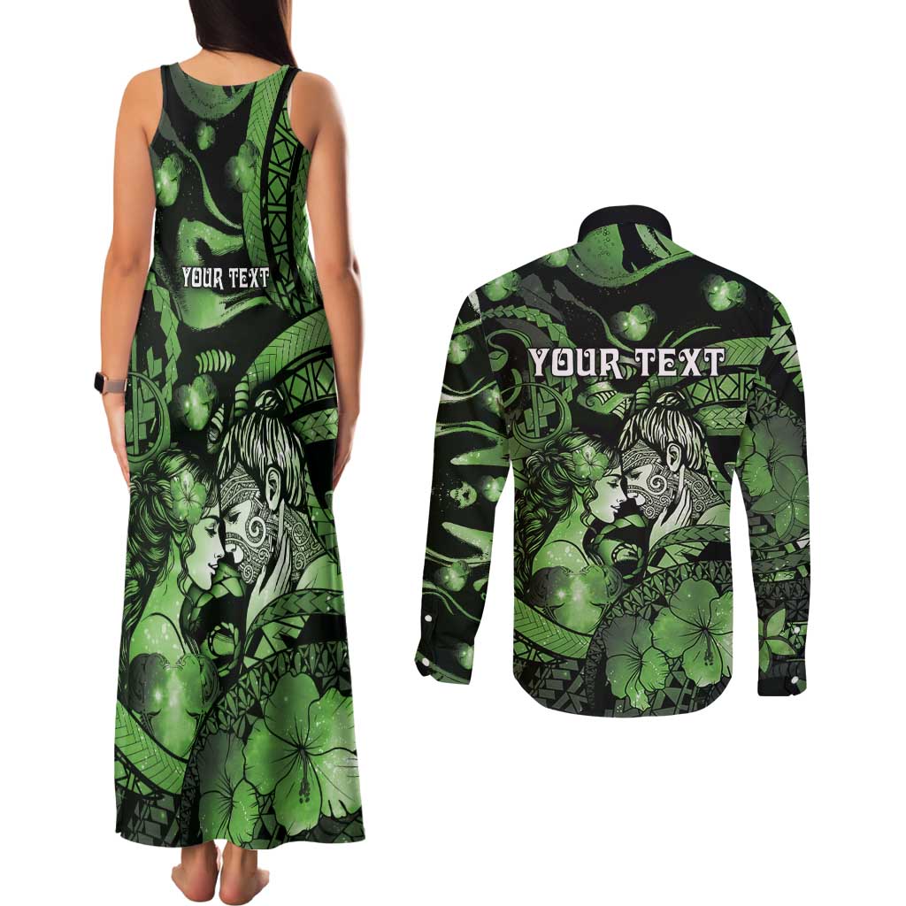 Personalised Maori Romantic Valentine Couples Matching Tank Maxi Dress and Long Sleeve Button Shirt The Hongi Kiss Green Galaxy DT05 - Polynesian Pride