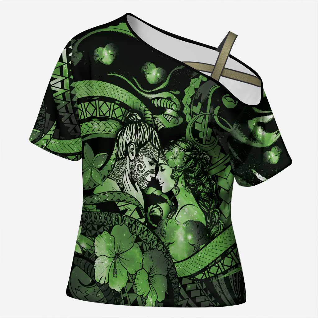 Personalised Maori Romantic Valentine Cross Shoulder Shirt The Hongi Kiss Green Galaxy