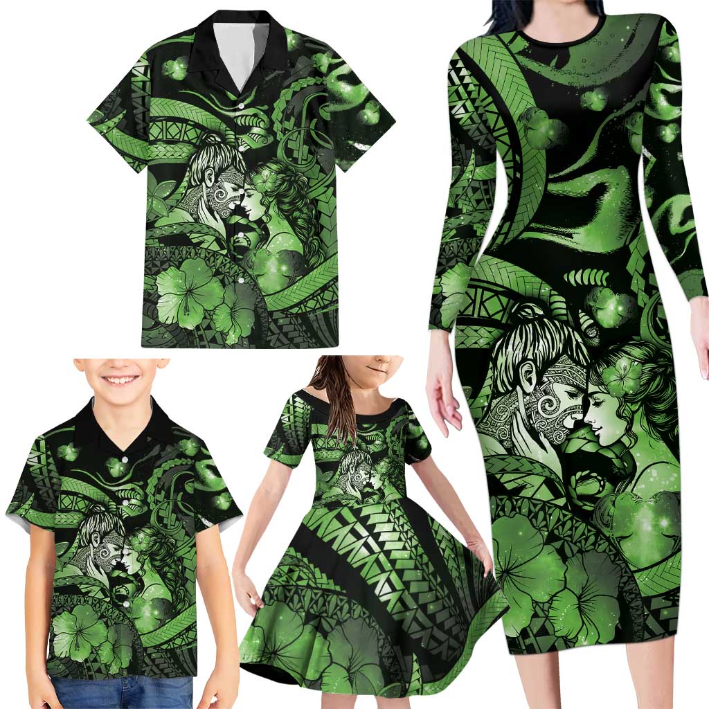 Personalised Maori Romantic Valentine Family Matching Long Sleeve Bodycon Dress and Hawaiian Shirt The Hongi Kiss Green Galaxy