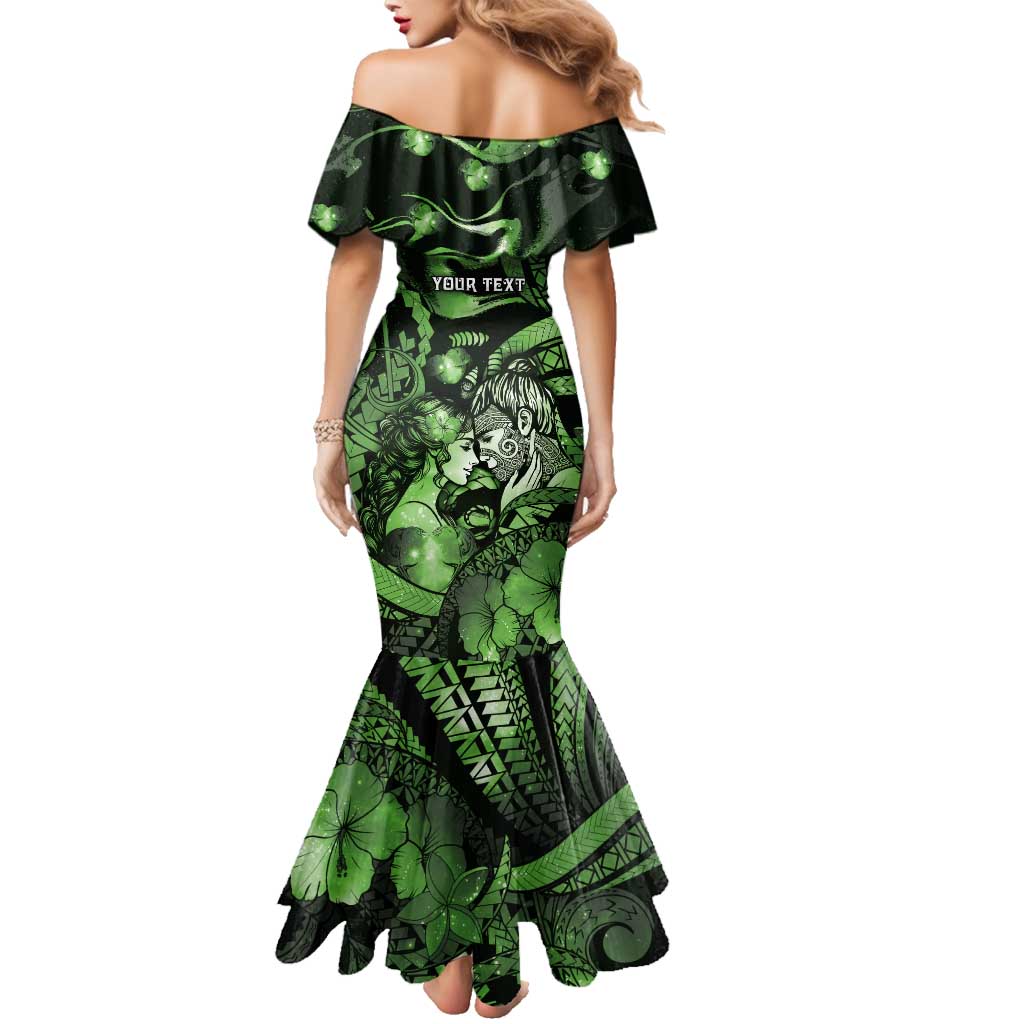 Personalised Maori Romantic Valentine Family Matching Mermaid Dress and Hawaiian Shirt The Hongi Kiss Green Galaxy DT05 - Polynesian Pride