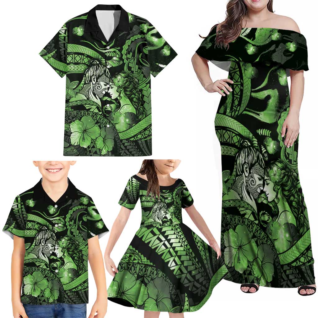 Personalised Maori Romantic Valentine Family Matching Off Shoulder Maxi Dress and Hawaiian Shirt The Hongi Kiss Green Galaxy DT05 - Polynesian Pride
