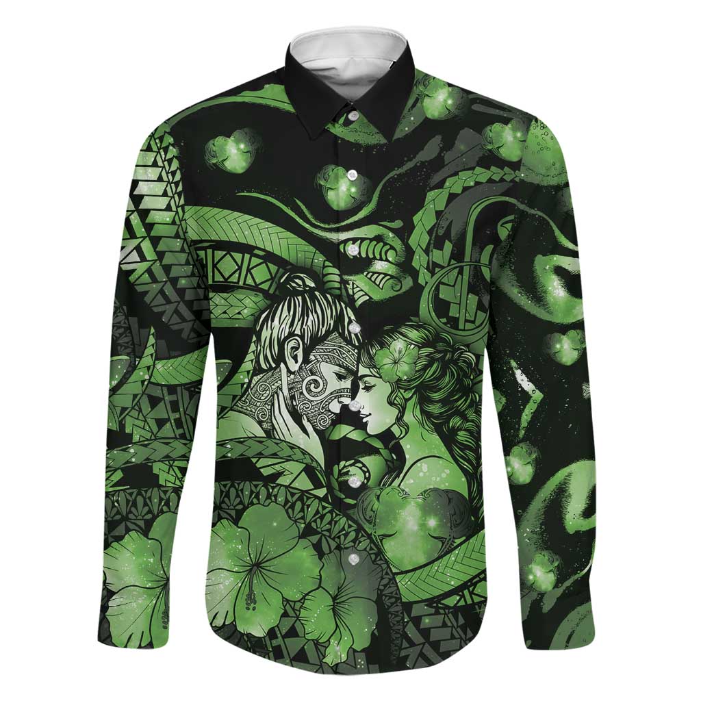 Personalised Maori Romantic Valentine Family Matching Off Shoulder Maxi Dress and Hawaiian Shirt The Hongi Kiss Green Galaxy DT05 Dad's Shirt - Long Sleeve Green - Polynesian Pride