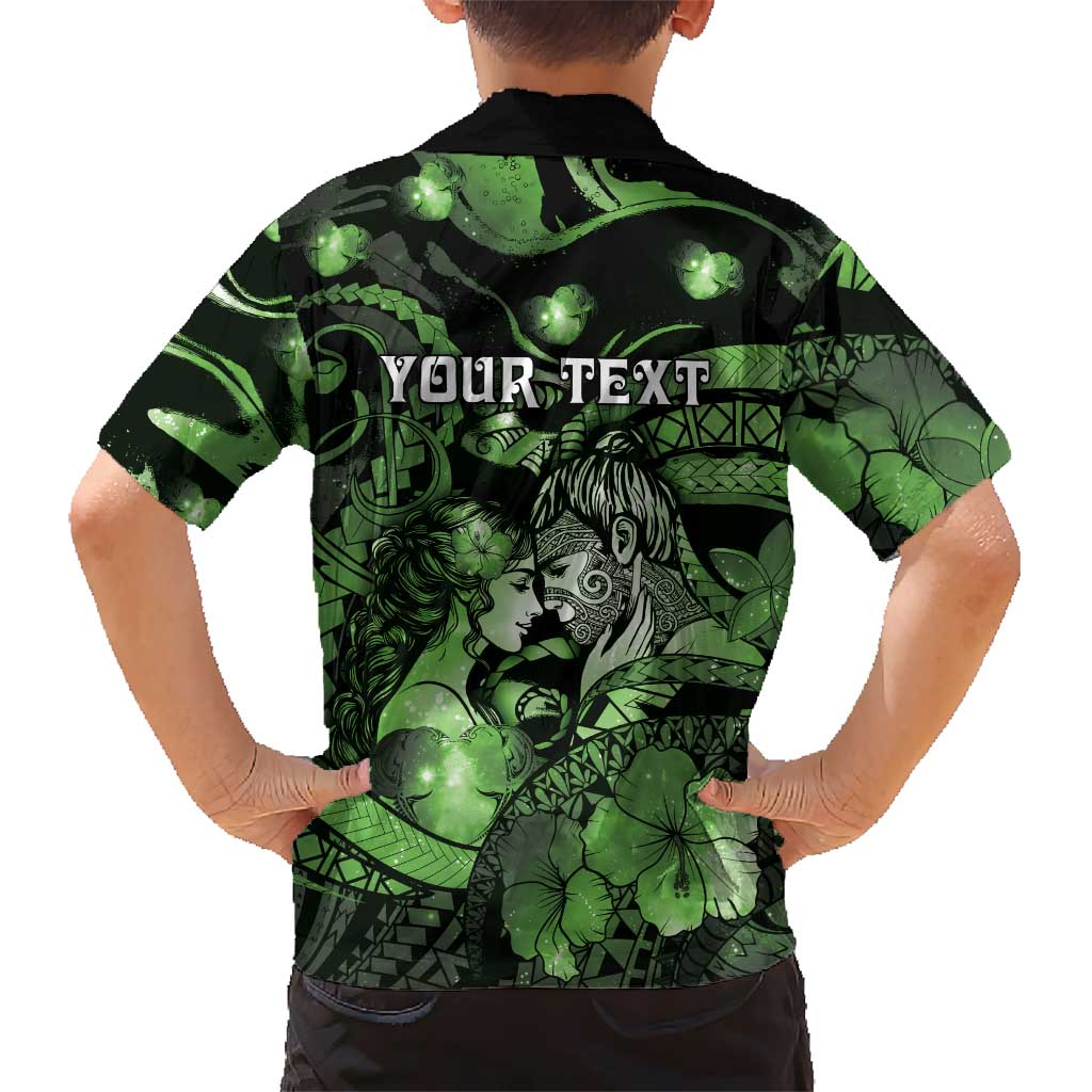 Personalised Maori Romantic Valentine Family Matching Off Shoulder Short Dress and Hawaiian Shirt The Hongi Kiss Green Galaxy DT05 - Polynesian Pride