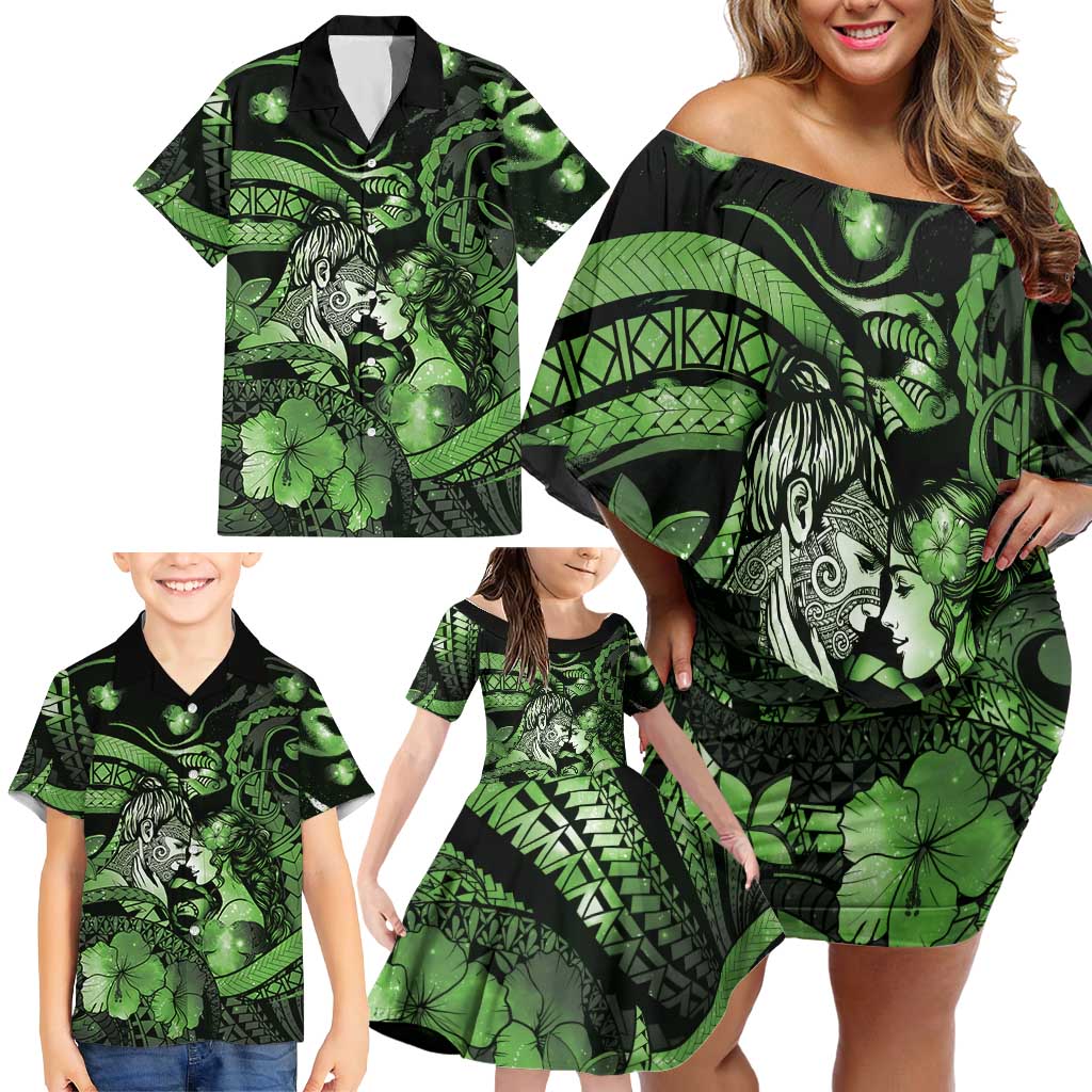 Personalised Maori Romantic Valentine Family Matching Off Shoulder Short Dress and Hawaiian Shirt The Hongi Kiss Green Galaxy DT05 - Polynesian Pride
