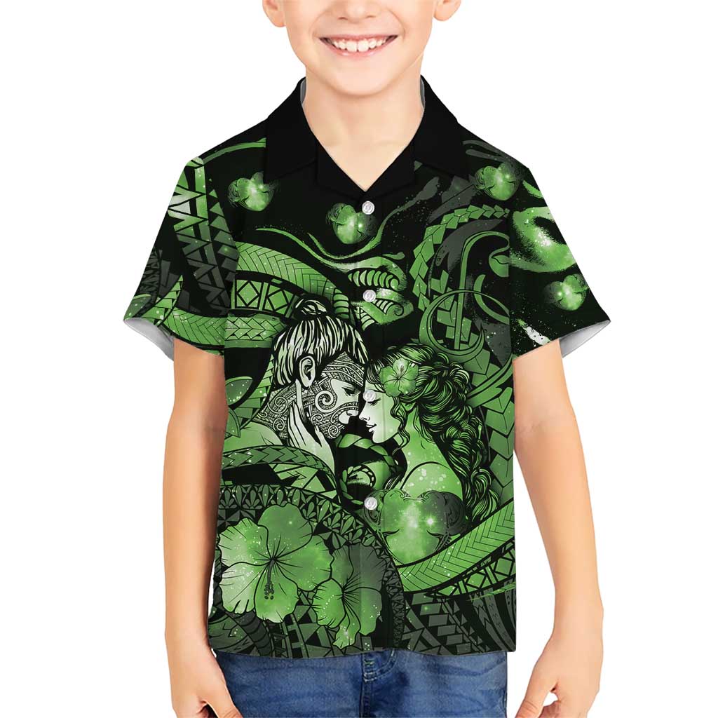Personalised Maori Romantic Valentine Family Matching Off Shoulder Short Dress and Hawaiian Shirt The Hongi Kiss Green Galaxy DT05 Son's Shirt Green - Polynesian Pride