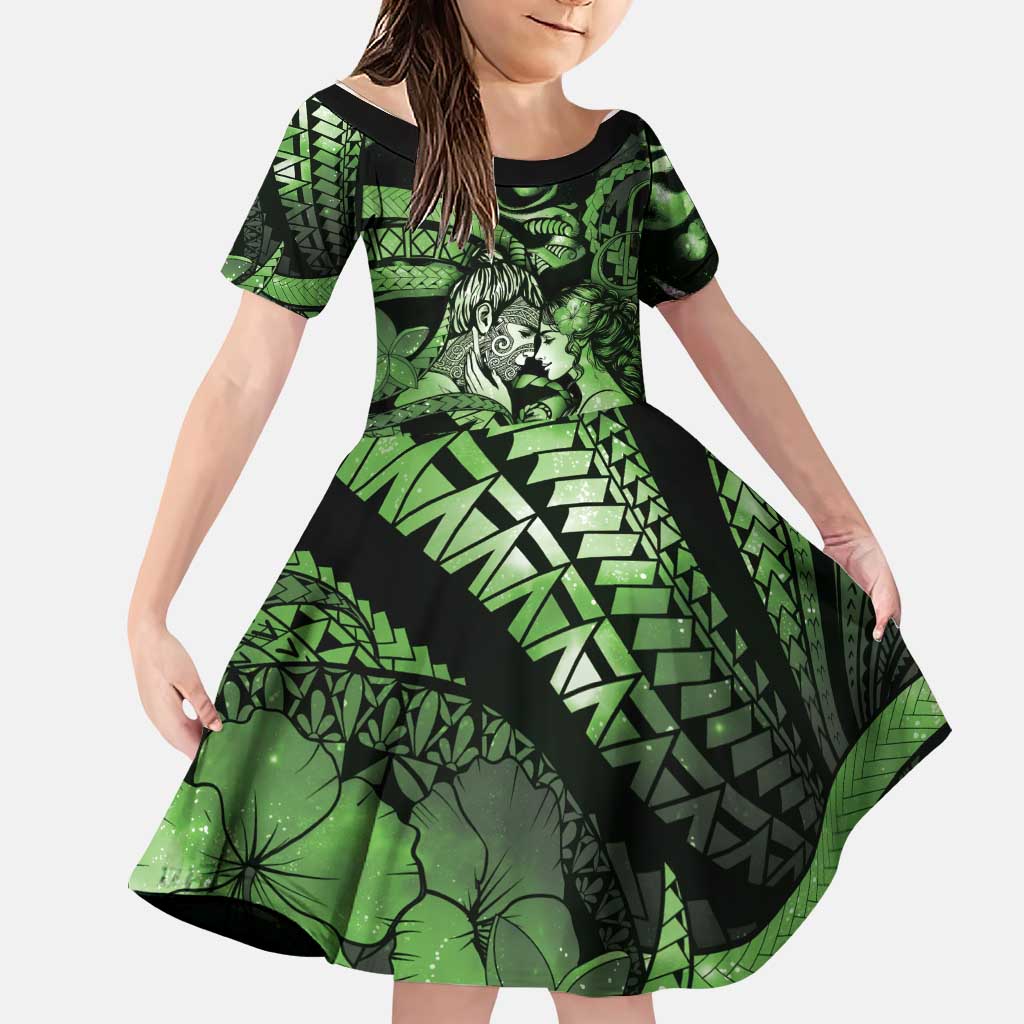 Personalised Maori Romantic Valentine Family Matching Puletasi and Hawaiian Shirt The Hongi Kiss Green Galaxy DT05 Daughter's Dress Green - Polynesian Pride