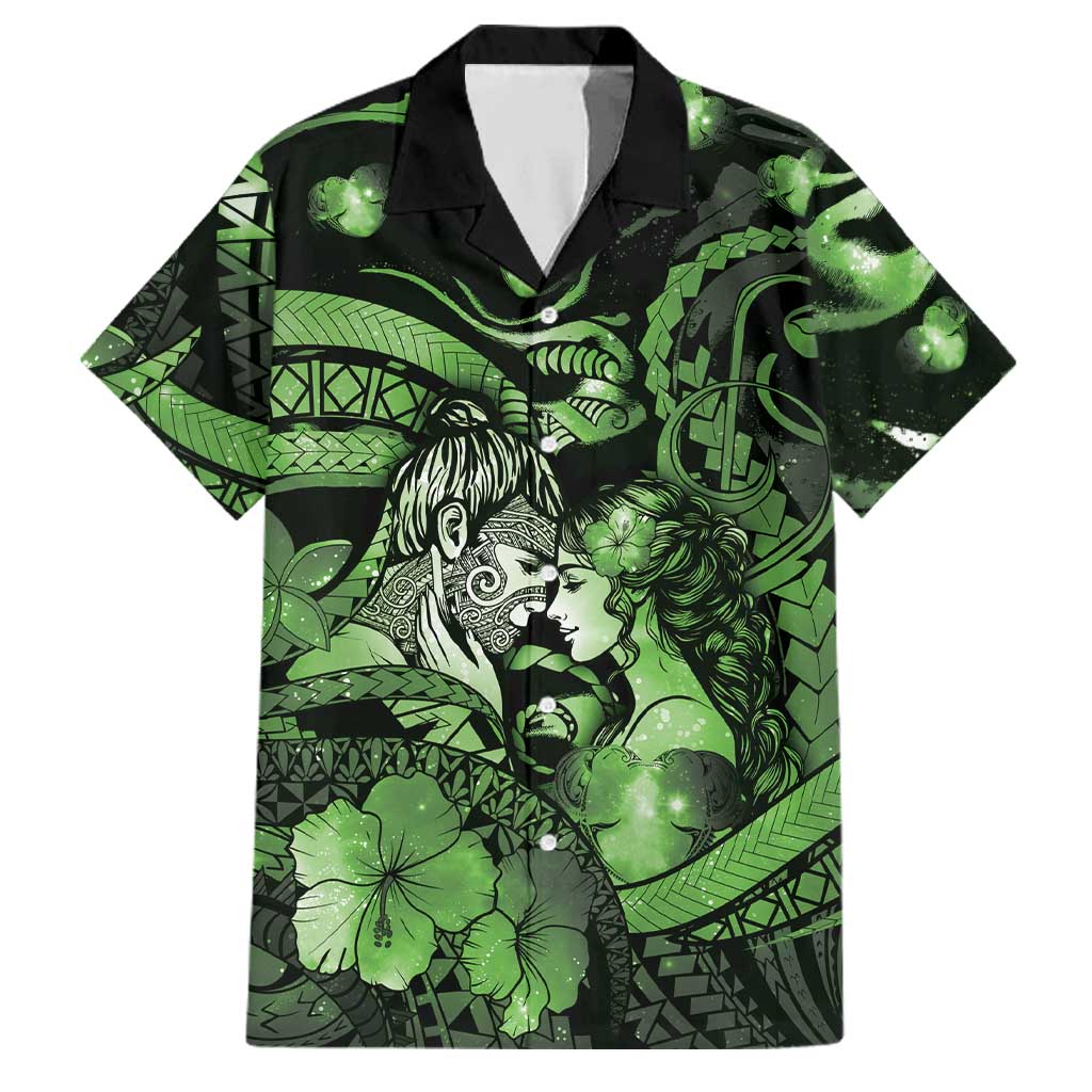 Personalised Maori Romantic Valentine Family Matching Puletasi and Hawaiian Shirt The Hongi Kiss Green Galaxy DT05 Dad's Shirt - Short Sleeve Green - Polynesian Pride