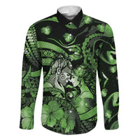 Personalised Maori Romantic Valentine Family Matching Puletasi and Hawaiian Shirt The Hongi Kiss Green Galaxy DT05 Dad's Shirt - Long Sleeve Green - Polynesian Pride