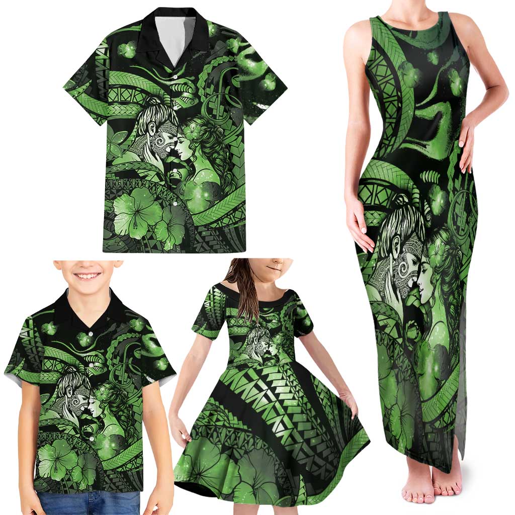 Personalised Maori Romantic Valentine Family Matching Tank Maxi Dress and Hawaiian Shirt The Hongi Kiss Green Galaxy DT05 - Polynesian Pride
