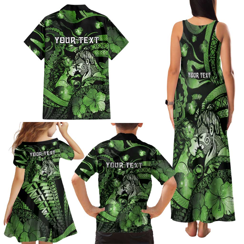 Personalised Maori Romantic Valentine Family Matching Tank Maxi Dress and Hawaiian Shirt The Hongi Kiss Green Galaxy DT05 - Polynesian Pride