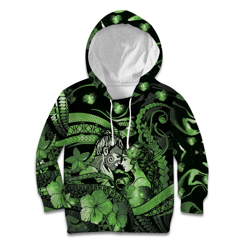 Personalised Maori Romantic Valentine Kid Hoodie The Hongi Kiss Green Galaxy