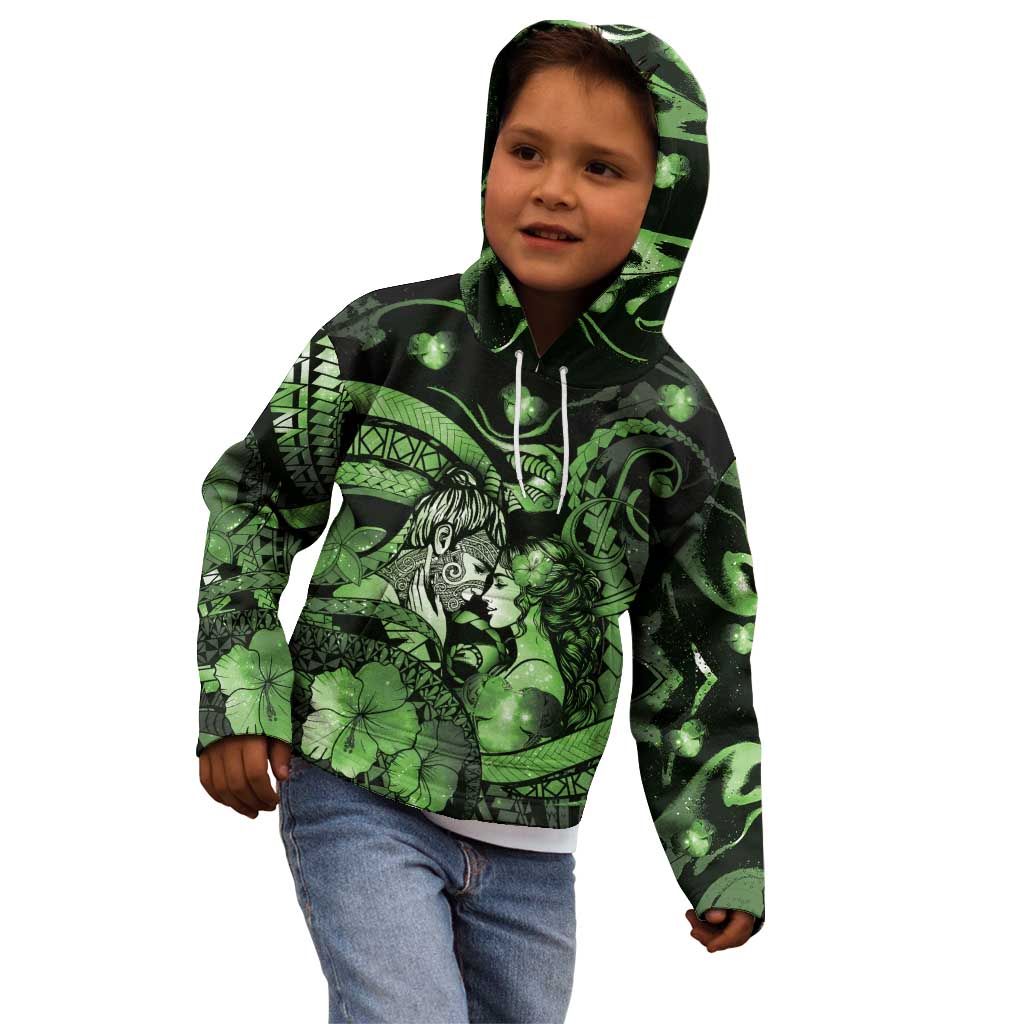 Personalised Maori Romantic Valentine Kid Hoodie The Hongi Kiss Green Galaxy