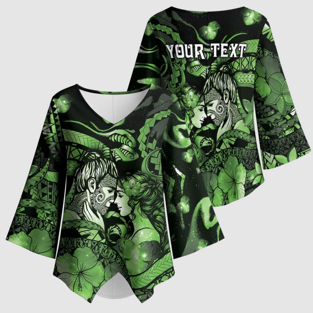Personalised Maori Romantic Valentine Kimono Sleeve Blouse The Hongi Kiss Green Galaxy