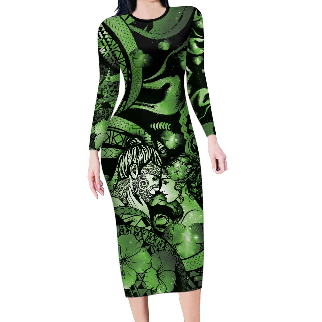 Personalised Maori Romantic Valentine Long Sleeve Bodycon Dress The Hongi Kiss Green Galaxy DT05 Long Dress Green - Polynesian Pride