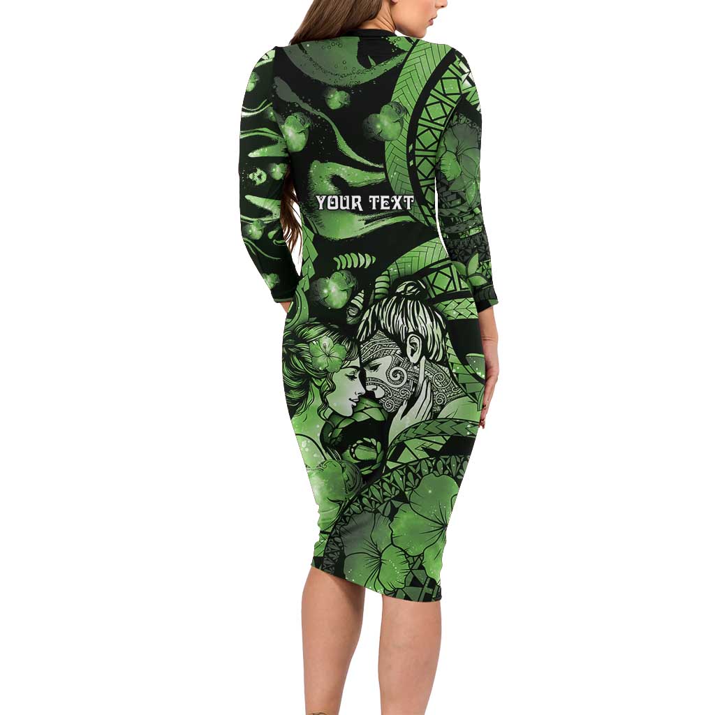 Personalised Maori Romantic Valentine Long Sleeve Bodycon Dress The Hongi Kiss Green Galaxy DT05 - Polynesian Pride