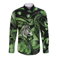 Personalised Maori Romantic Valentine Long Sleeve Button Shirt The Hongi Kiss Green Galaxy