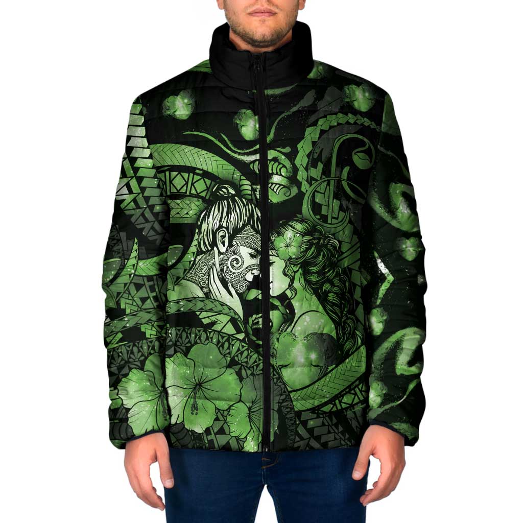 Personalised Maori Romantic Valentine Padded Jacket The Hongi Kiss Green Galaxy