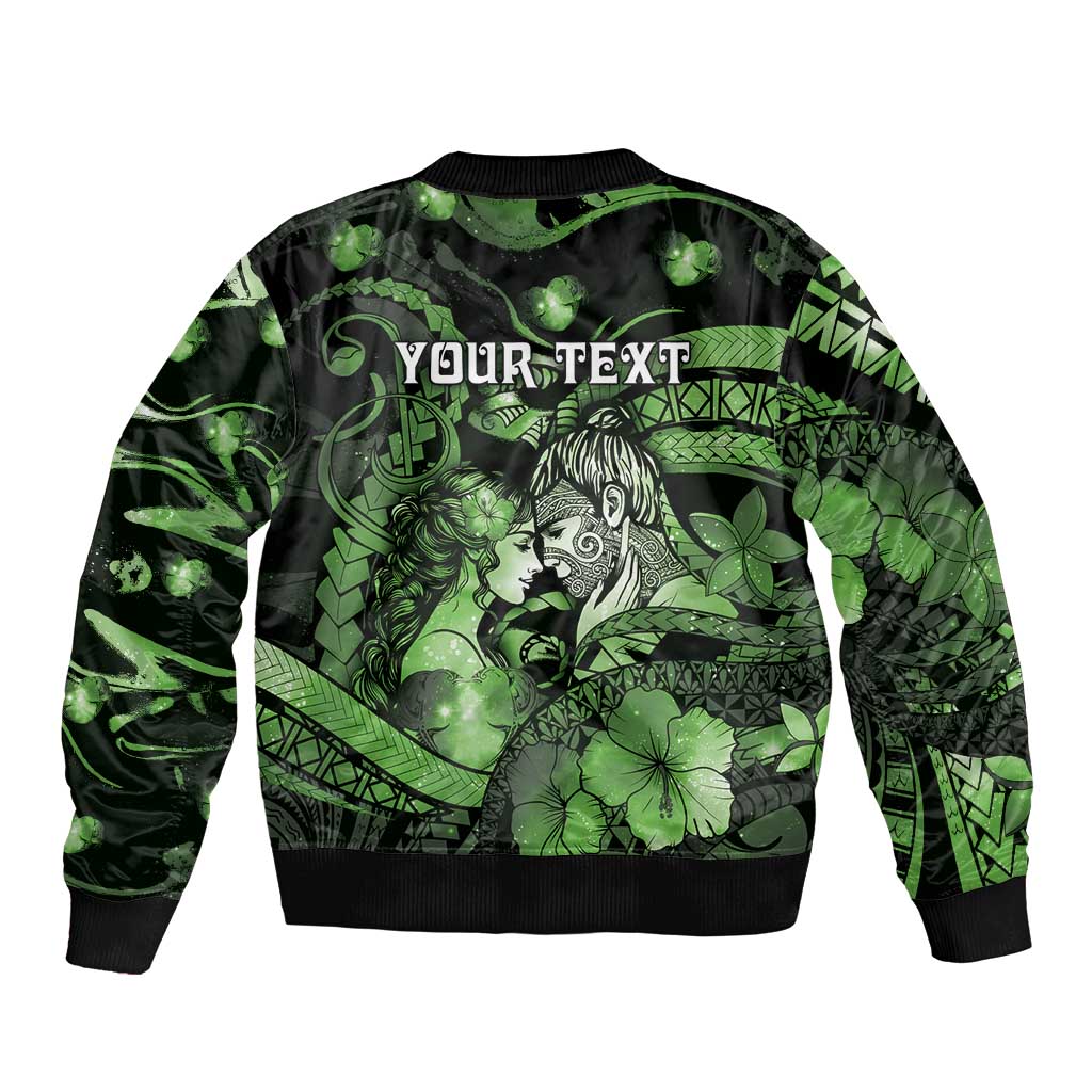 Personalised Maori Romantic Valentine Sleeve Zip Bomber Jacket The Hongi Kiss Green Galaxy