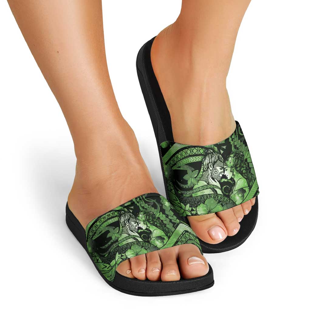 Maori Romantic Valentine Slide Sandals The Hongi Kiss Green Galaxy