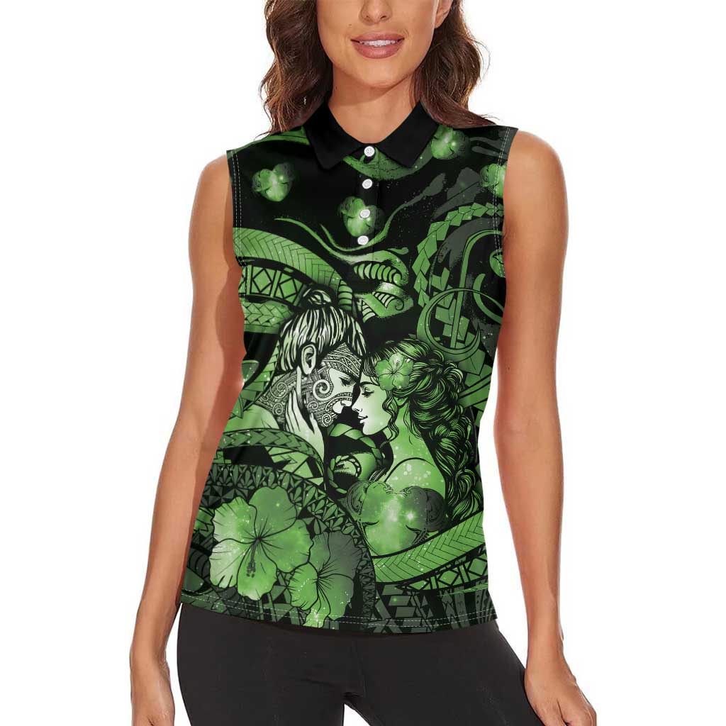 Personalised Maori Romantic Valentine Women Sleeveless Polo Shirt The Hongi Kiss Green Galaxy DT05 - Polynesian Pride