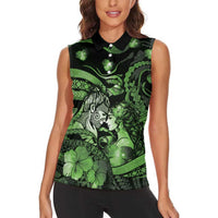 Personalised Maori Romantic Valentine Women Sleeveless Polo Shirt The Hongi Kiss Green Galaxy DT05 - Polynesian Pride