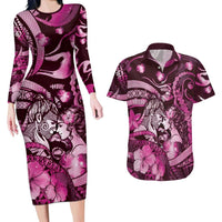 Personalised Maori Romantic Valentine Couples Matching Long Sleeve Bodycon Dress and Hawaiian Shirt The Hongi Kiss Pink Galaxy DT05 Pink - Polynesian Pride