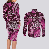 Personalised Maori Romantic Valentine Couples Matching Long Sleeve Bodycon Dress and Long Sleeve Button Shirt The Hongi Kiss Pink Galaxy DT05 - Polynesian Pride