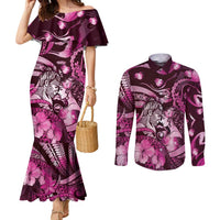 Personalised Maori Romantic Valentine Couples Matching Mermaid Dress and Long Sleeve Button Shirt The Hongi Kiss Pink Galaxy DT05 Pink - Polynesian Pride