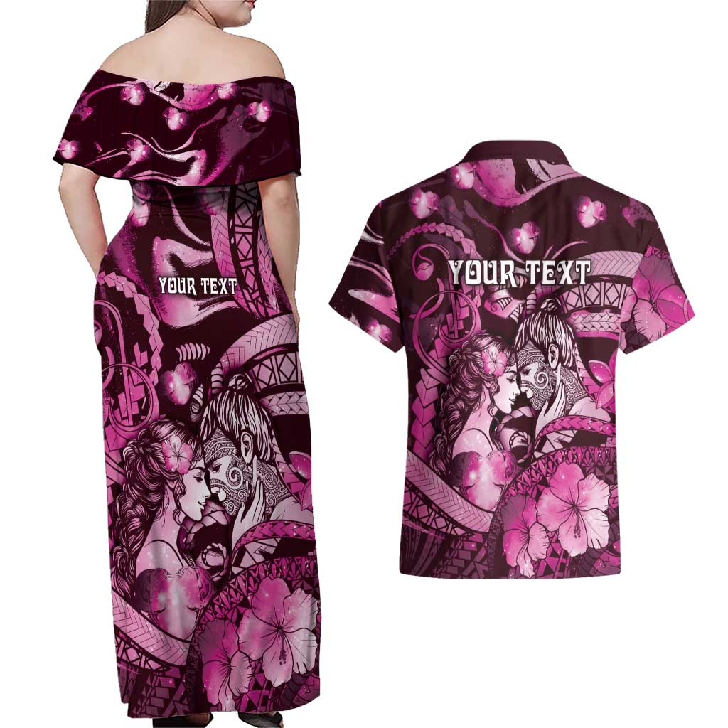 Personalised Maori Romantic Valentine Couples Matching Off Shoulder Maxi Dress and Hawaiian Shirt The Hongi Kiss Pink Galaxy DT05 - Polynesian Pride