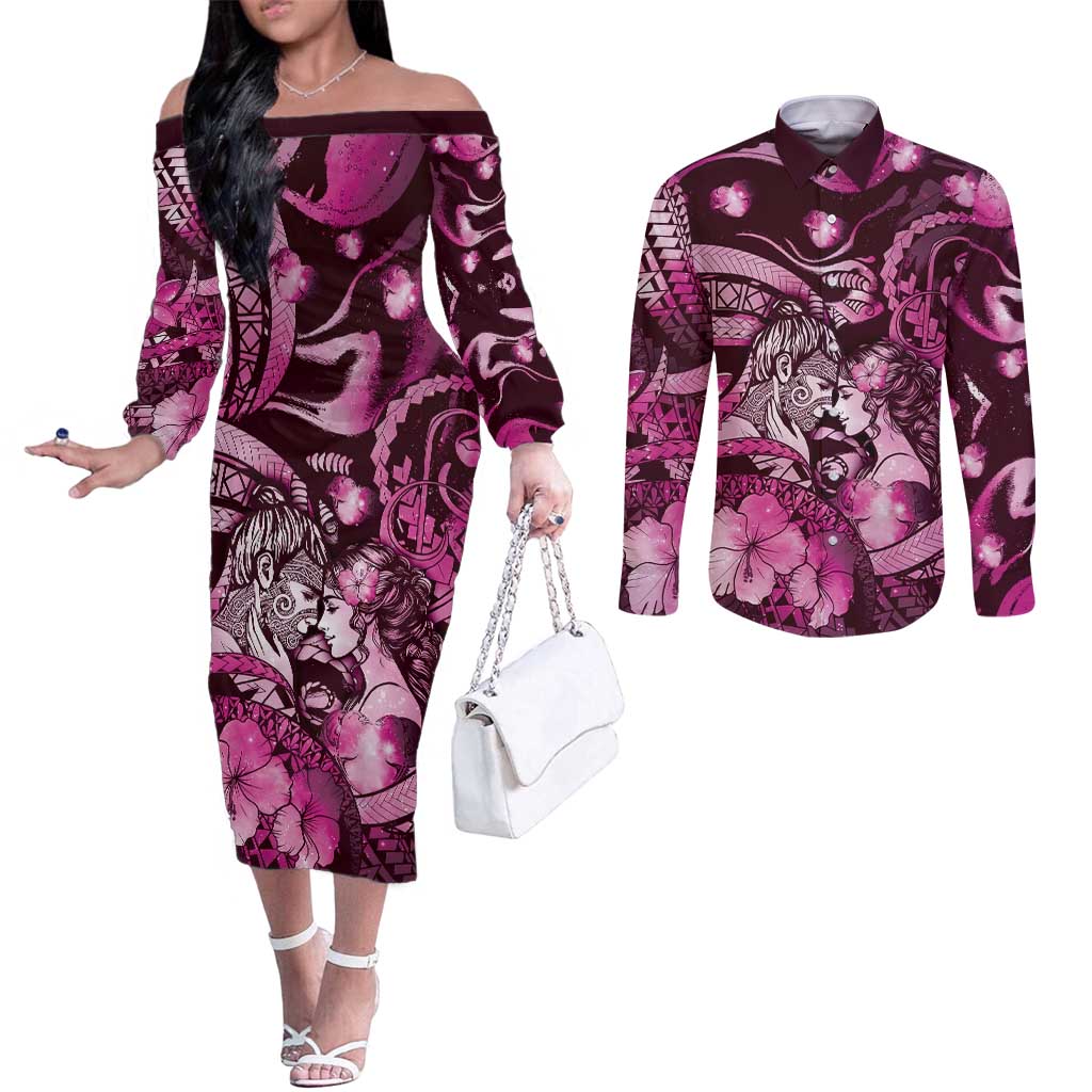 Personalised Maori Romantic Valentine Couples Matching Off The Shoulder Long Sleeve Dress and Long Sleeve Button Shirt The Hongi Kiss Pink Galaxy DT05 Pink - Polynesian Pride