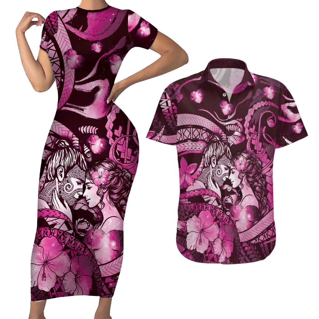 Personalised Maori Romantic Valentine Couples Matching Short Sleeve Bodycon Dress and Hawaiian Shirt The Hongi Kiss Pink Galaxy DT05 Pink - Polynesian Pride