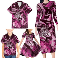 Personalised Maori Romantic Valentine Family Matching Long Sleeve Bodycon Dress and Hawaiian Shirt The Hongi Kiss Pink Galaxy DT05 - Polynesian Pride