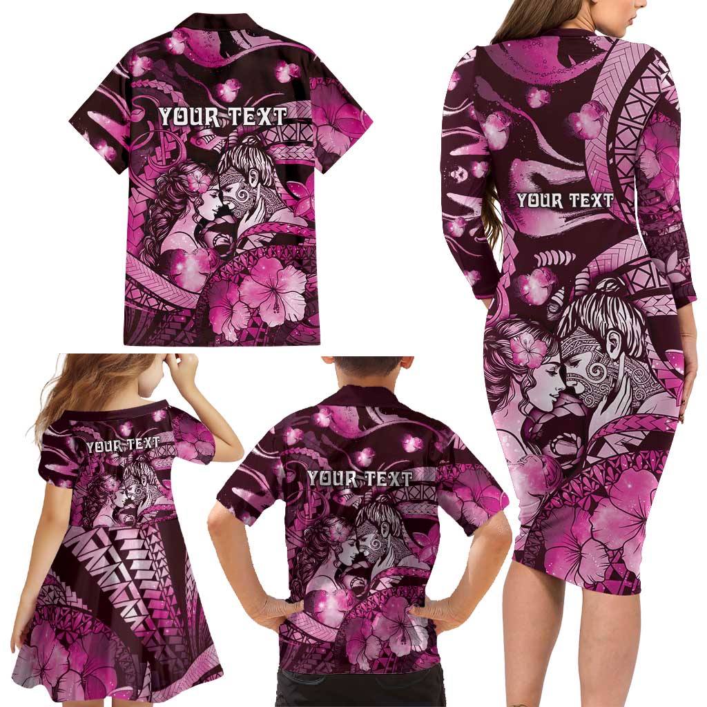 Personalised Maori Romantic Valentine Family Matching Long Sleeve Bodycon Dress and Hawaiian Shirt The Hongi Kiss Pink Galaxy DT05 - Polynesian Pride
