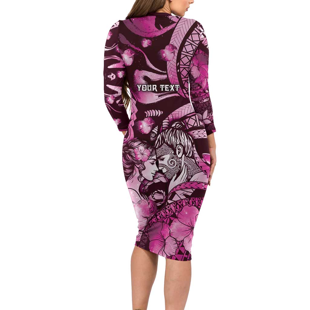 Personalised Maori Romantic Valentine Family Matching Long Sleeve Bodycon Dress and Hawaiian Shirt The Hongi Kiss Pink Galaxy DT05 - Polynesian Pride