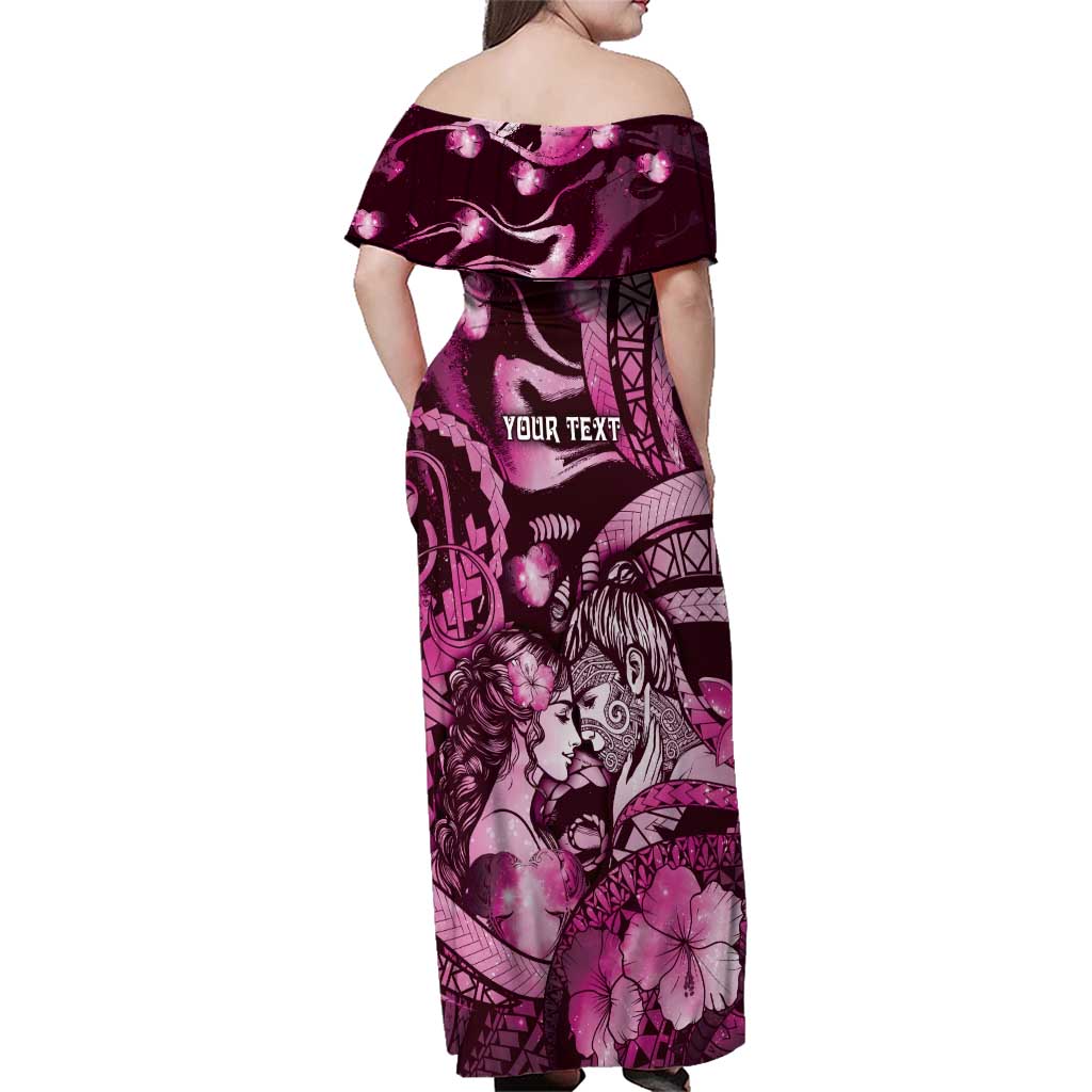 Personalised Maori Romantic Valentine Family Matching Off Shoulder Maxi Dress and Hawaiian Shirt The Hongi Kiss Pink Galaxy DT05 - Polynesian Pride