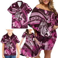 Personalised Maori Romantic Valentine Family Matching Off Shoulder Short Dress and Hawaiian Shirt The Hongi Kiss Pink Galaxy DT05 - Polynesian Pride