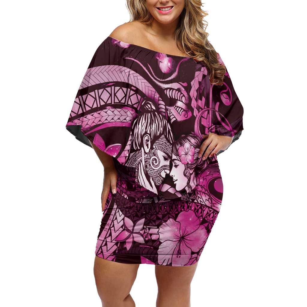 Personalised Maori Romantic Valentine Family Matching Off Shoulder Short Dress and Hawaiian Shirt The Hongi Kiss Pink Galaxy DT05 Mom's Dress Pink - Polynesian Pride