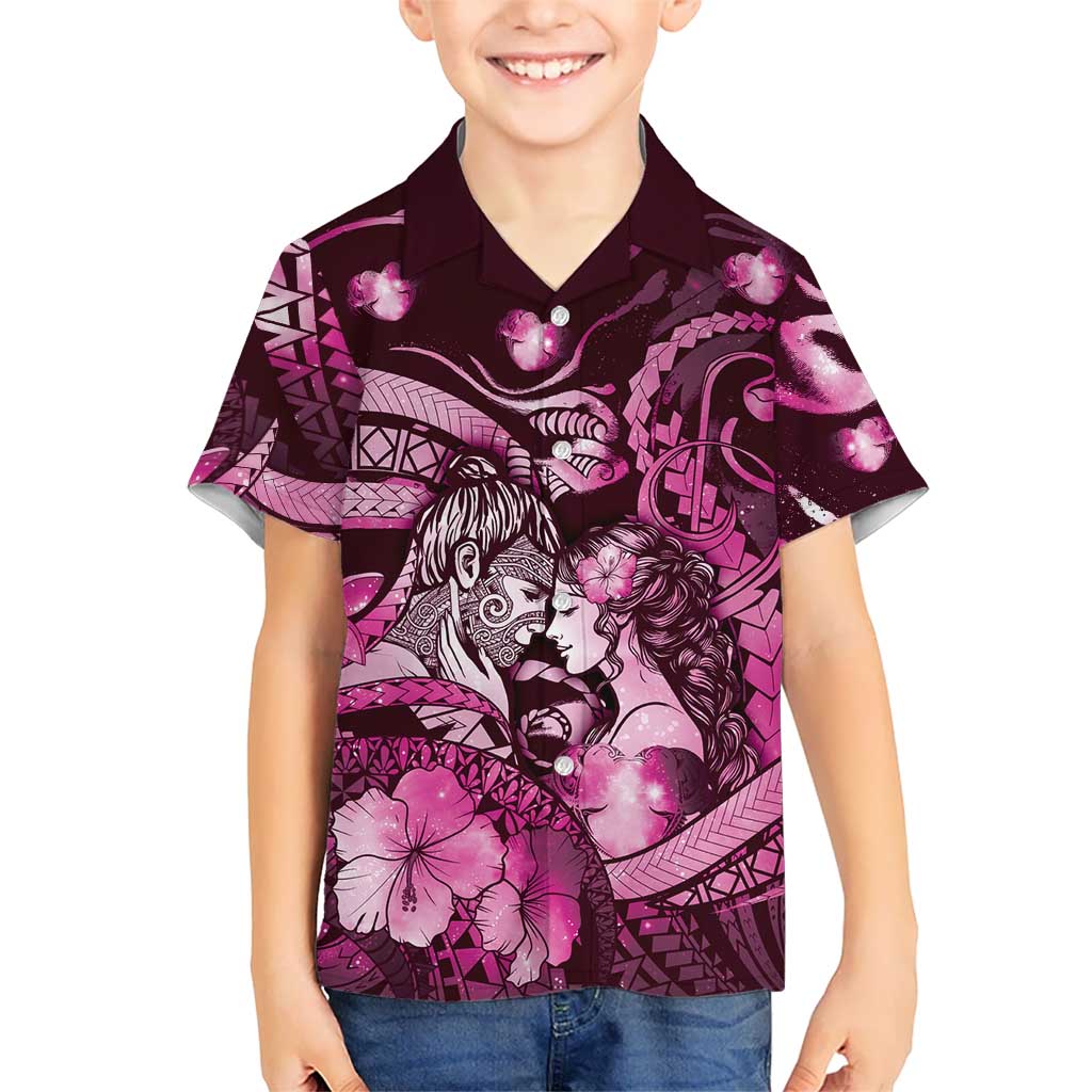 Personalised Maori Romantic Valentine Family Matching Off Shoulder Short Dress and Hawaiian Shirt The Hongi Kiss Pink Galaxy DT05 Son's Shirt Pink - Polynesian Pride